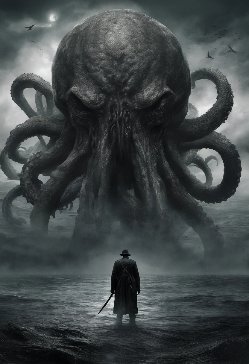 A giant octopus monster，Cthulhu in the Cthulhu Mythos，Do not look directly，Extremely dangerous，A shockingly huge body，spread throughout the sky，Desperate horror，The atmosphere is oppressive，The scene is magnificent，Hero holding sword，Fight back bravely