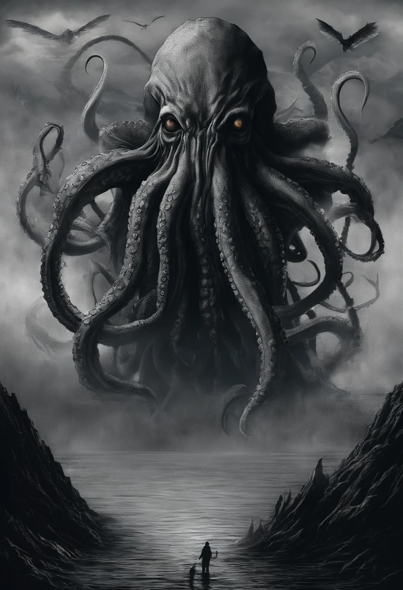 A giant octopus monster，Cthulhu in the Cthulhu Mythos，Do not look directly，Extremely dangerous，A shockingly huge body，spread throughout the sky，Desperate horror，The atmosphere is oppressive，The scene is magnificent，Hero holding sword，Fight back bravely