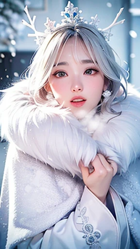 decor art accurate drawing, snow blizzard snowstorm aura, female, fullbody, body perfect, sunlight, shaved open pubis, haircut white hairs, a lot of snowflakes, in the snow ice crystalls, super detailed, anatomically correct, masterpiece symmetrical composition, face russian perfect cute woman sweet beautifull, wearing white fur cloak, thick white vapor fog smoke clouds wind, white skin, bright pink cheek blush, front view, snowflakes crown, wearing crystal transparent