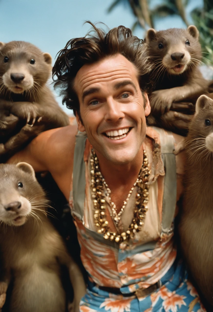 A selfie of Ace Ventura covered in mud, surrounded by a group of giggling otters,Ace Ventura: Pet Detective,Appearance-wise, Ace Ventura is instantly recognizable by his wild, styled hair and colorful Hawaiian shirts, often paired with striped trousers and heavy boots. His expressive facial features, highlighted by his wide grin and animated gestures, add to his quirky persona. Overall, Ventura’s appearance and mannerisms are as unconventional and distinctive as his detective methods., male