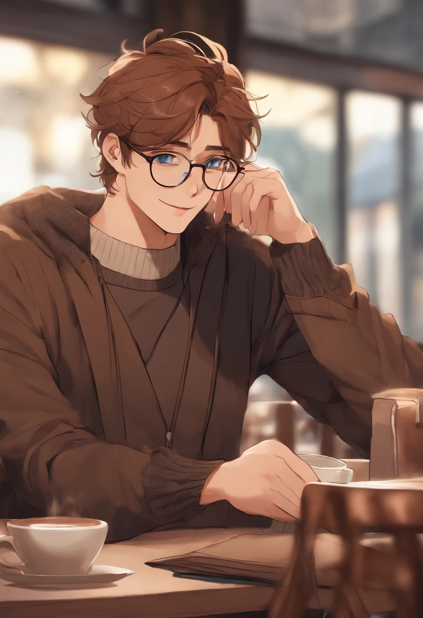 A photo of a character sitting at a cafe table with a cup of hot chocolate and a book, while cheekily pushing up his glasses with a self-deprecating smirk.,original,[{{((Hair: light brown + short + messy))
((Eyes: large + blue + piercing + doe eyes))
((Facial features: long sharp face + sharp jawline + straight nose + pointed chin + thin lips + pale))
((Build: tall + slender + lean + lithe + strong + large hands))
((Appearance: glasses + sweaters + neat + put together))}}], male