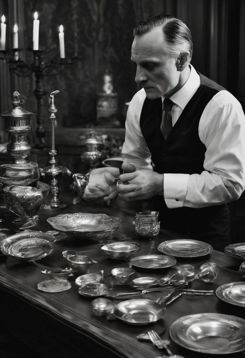 A photo of Hannibal Lecter delicately arranging a collection of vintage silverware on a polished mahogany table,The Silence of the Lambs,Lecter’s appearance is described as being disarmingly ordinary yet neat, with an intense gaze and a hint of predatory sharpness. He often presents himself with impeccable manners, a calm composure, and a precise, almost surgical precision in movement, masking the monster that lies beneath his civilized veneer., male