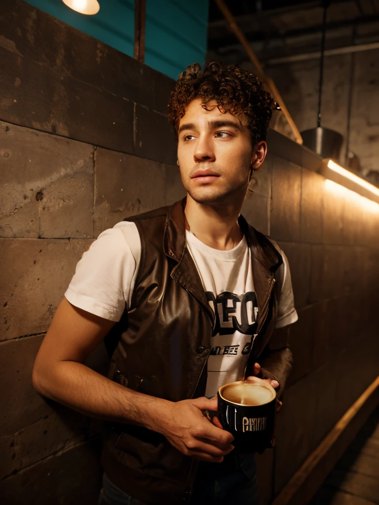 Jacket coffee mug curly hair realistic background