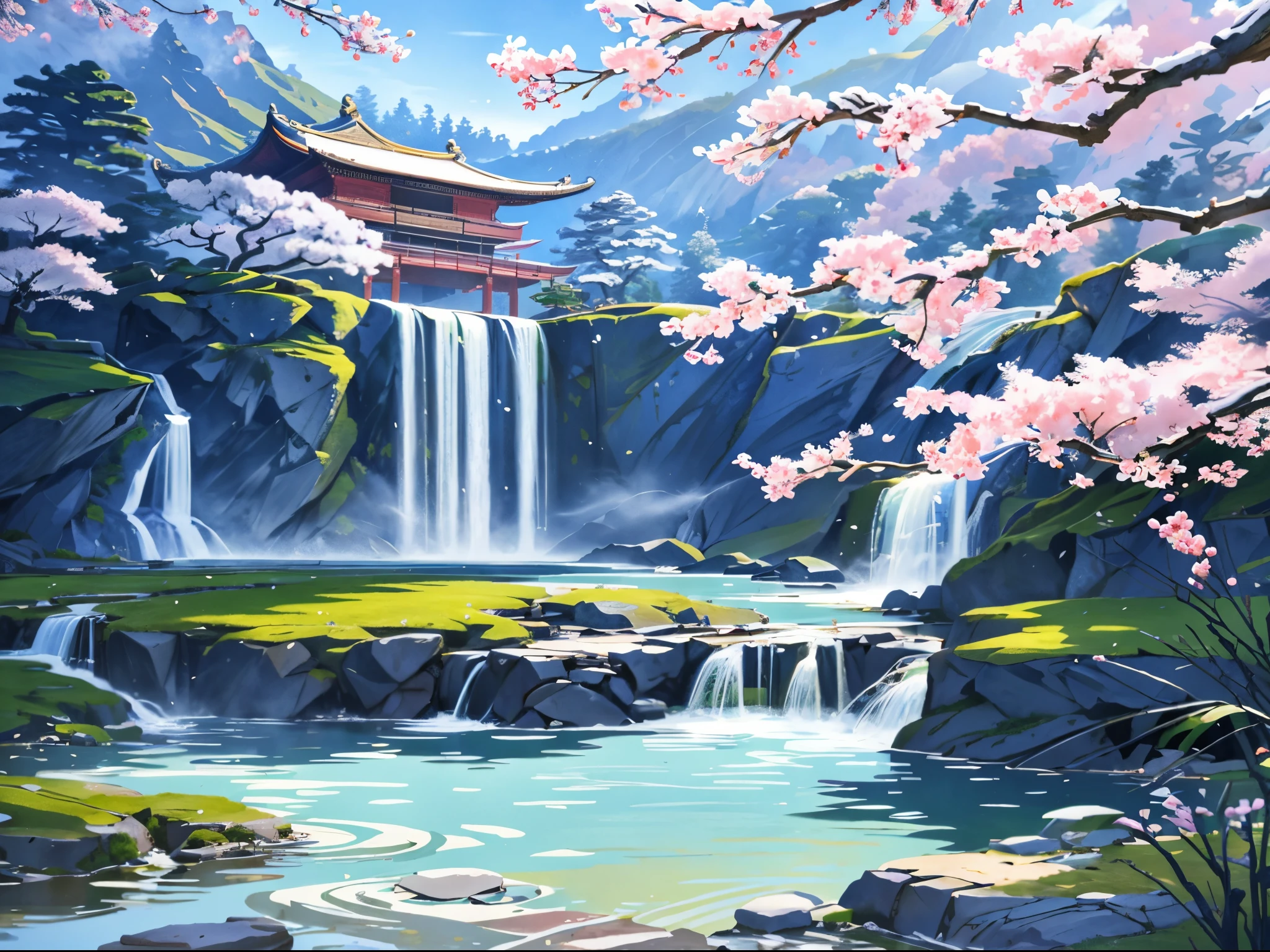 Ancient Chinese architecture, winter, plum blossoms, bamboo, lake, stone bridge, rockery, arch, corner, tree, tap water, landscape, waterfall, meadow, rock, water lily, hot springs, water vapor, (illustration: 1.0), epic composition, realistic lighting, high-definition details, masterpiece, best quality, (very detailed CG unified 8k wallpaper)