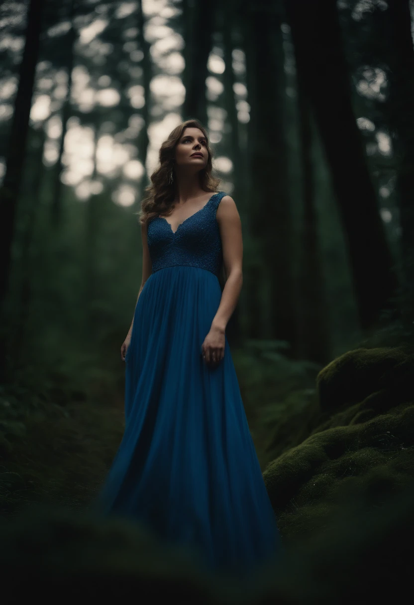 masterpiece, best quality, marianne_timeskip, blue dress, capelet, dark alpine forest, standing, night, looking up, upper body, detailed face