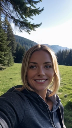 1 Frau, Amerikaner, beautiful, ((upper body selfie, happy)), Dreharbeiten im Zelt, beautiful backlight, Open Tent Sign,Meisterwerk, best quality, Ultra-detailliert, nur, al fresco, (Nacht), Gebirge, Natur, (Stern, Der Mond) heiter, happy,, Kuschelig im Schlafsack, Im Inneren des Zeltes, When you open the tent, Outside you can see some nice riders.., Wald, Felsformationen, Rivers, Holz, Rauch, schattenhaft, Kontrast, Klarer Himmel, Analoger Stil (Blick auf den Betrachter:1.2) (Hautstruktur) (Filmkorn:1.3), (Warmer Farbton, Warmer Ton:1.2), nahaufnahme, Filmisches Licht, Seitenbeleuchtung, Die Ultra-Highres, Beste Schatten, ...RAW, upper half body, Pullover tragen, Entspannte und intime Fotos, blonde Haare,