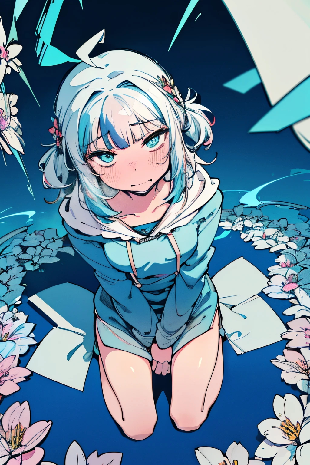 ((Gawr gura)), ((Masterpiece)), (highly saturated), from above, (High Definition:1.3), (Professional Photography:1.2), (cinematic lighting), (flat body), (flat chest), ahoge, messy hair, (blush, very naughty laugh face), sitting on the circle, (ultra detailed), 1girl, blue hoodie, exposed legs, full body, (surrounded flowers), (shining), (paper_cut)