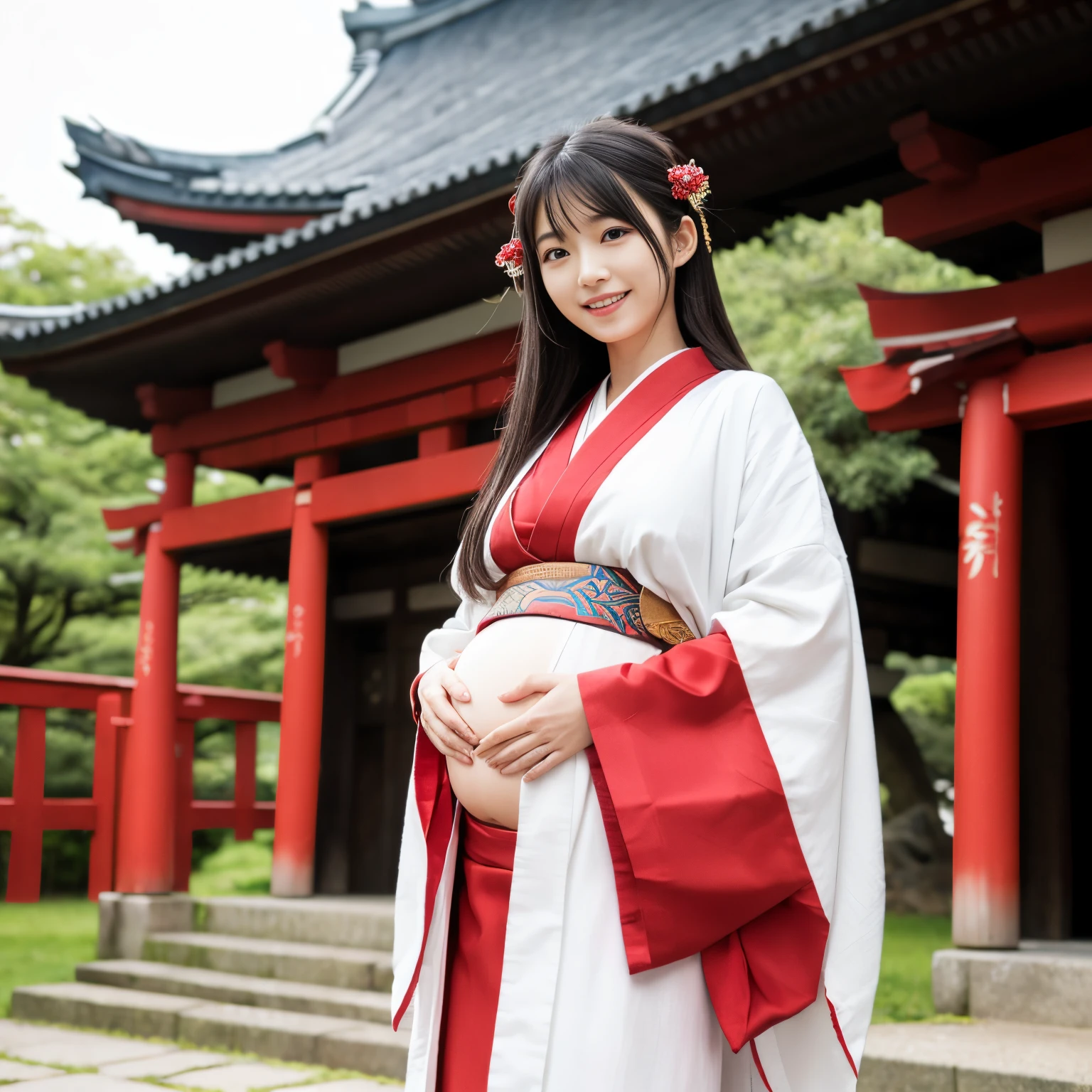 ((top-quality、masutepiece、8K、Top image quality))、A beautiful shrine maiden、shrine maiden's white coat、Chihaya the Shrine Maiden、(Shrine maiden's red hakama)、Pregnancy、(Miko's upper body shot:1.2)、View me、Biggest smile、The background is a majestic and luxurious shrine、The majestic and luxurious exterior of a real shrine、A gorgeous authentic shrine with Niwa lacquerware