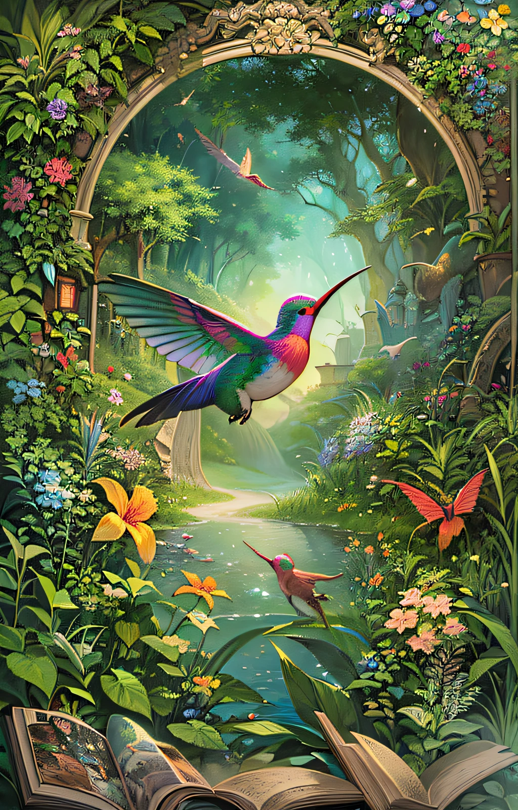 TestBooks((book cover),fantasy novel,hummingbirds,enchanted forest),spellbinding atmosphere,ethereal lighting,nature-inspired,dream-like,detailed foliage,majestic trees,serene ambiance,hidden pathways,mystery and wonder,celestial skies,vibrant colors,visual storytelling,compelling composition,graceful tranquility,whimsical elements,magical realism,subtle hints of adventure,rich textures,playful imagination,lush greenery,sparkling waters,captivating characters,storyteller's journey,fantasy realm,fabulous creatures,hidden treasures,mystical energy,fascinating narrative,curiosity and enchantment,sublime landscapes,magical transformation,unique and captivating,artistic brilliance,imaginative storytelling,unforgettable journey,awe-inspiring vistas