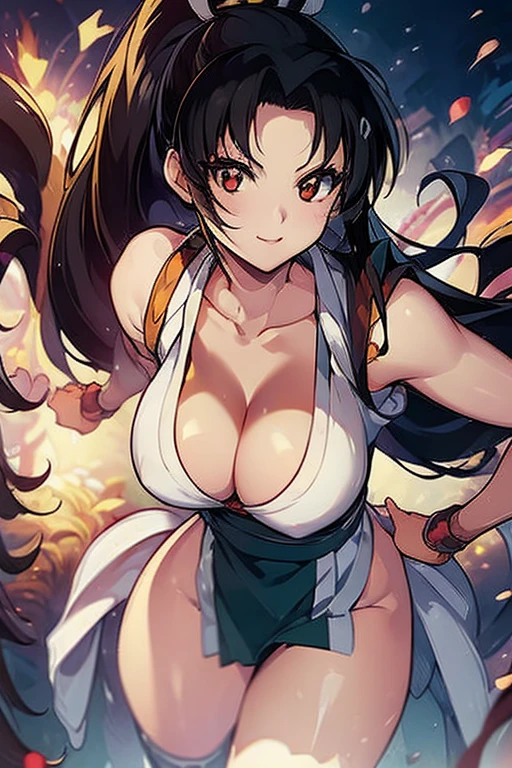 (best quality,ultra-detailed,realistic:1.37) Kagome Higurashi, mai shiranui from the king of fighters, beautiful detailed eyes,beautiful detailed lips,smiling with happiness, 25yo, Japanese mature female, wearing a green short kimono, matured face, blushing, joyful expression, dynamic pose, big breast, big hips, full body view, big body, thick, (Curvy:1.35), ((Master piece)), best quality, perfect bodies,beautiful detailed eyes, extremely detailed face, perfect lighting, long black hair, golden eyes,