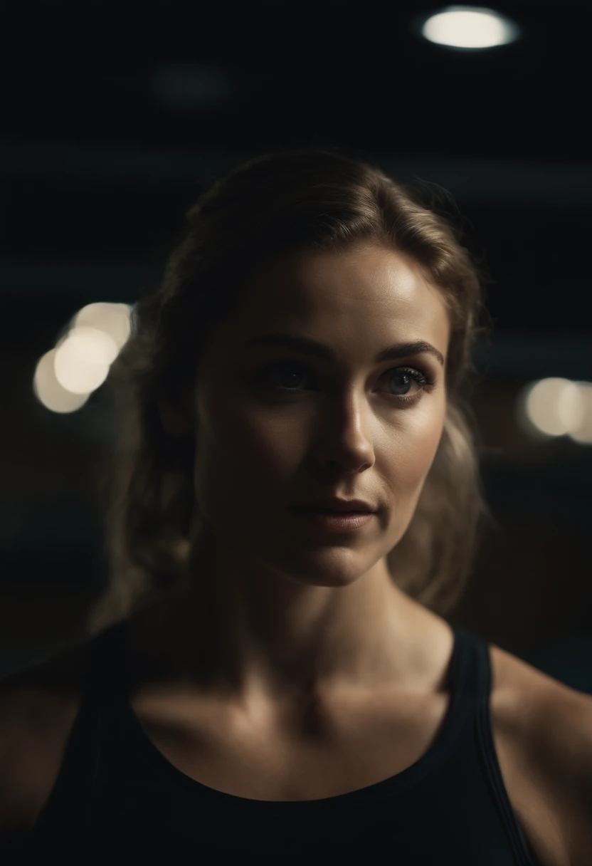 masterpiece, best quality, marianne_timeskip, in the gym, standing, night, looking up, upper body, detailed face