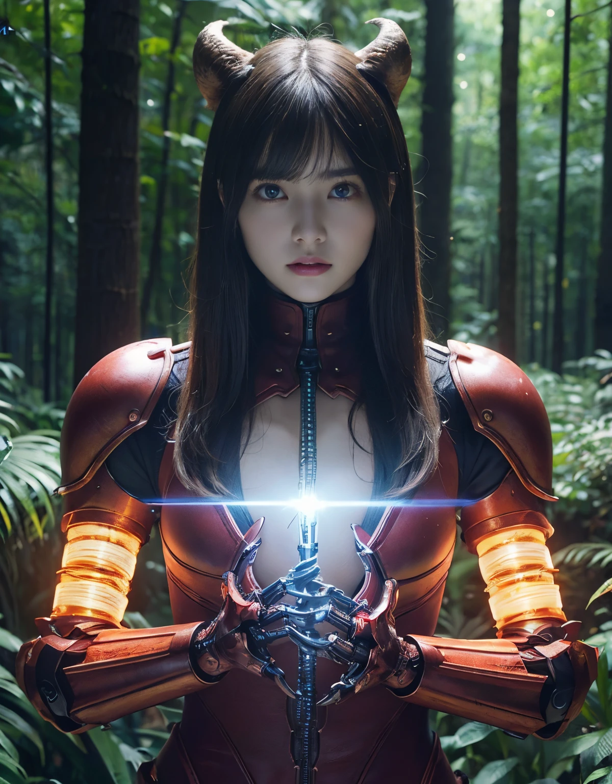 (1 Mechanical Girl)、top-quality、​masterpiece、超A high resolution、(Photorealsitic:1.4)、Raw photo、女の子1人、Fight mutants、glowy skin、(((1 Mechanical Girl)))、With a beautiful knife、（Red Metal Bodysuit）、(Fight goblings、ogre、Fierce battle with orcs),（Fight fiercely against aliens）、Fight fiercely、(beautiful forest background)、(Fighting Demonic Beasts)、(Small LED)、((super realistic details))、portlate、(Strong giant demon beast background),globalillumination、Shadow、octan render、8K、ultrasharp、Colossal tits、Raw skin is exposed in cleavage、red metal、Details of complex ornaments、Japan details、highly intricate detail、Realistic light、(Mystical expression),CGSoation Trends、Blue eyes、radiant eyes、Facing the camera、neon details、(Mechanical limbs)、(blood vessels connected to tubes)、(Wires and cables connecting to the head)、Small LED、,Mechanical thighs、Toostock、（Hands are also made of machines）、（Attack of the Monster Beasts）、