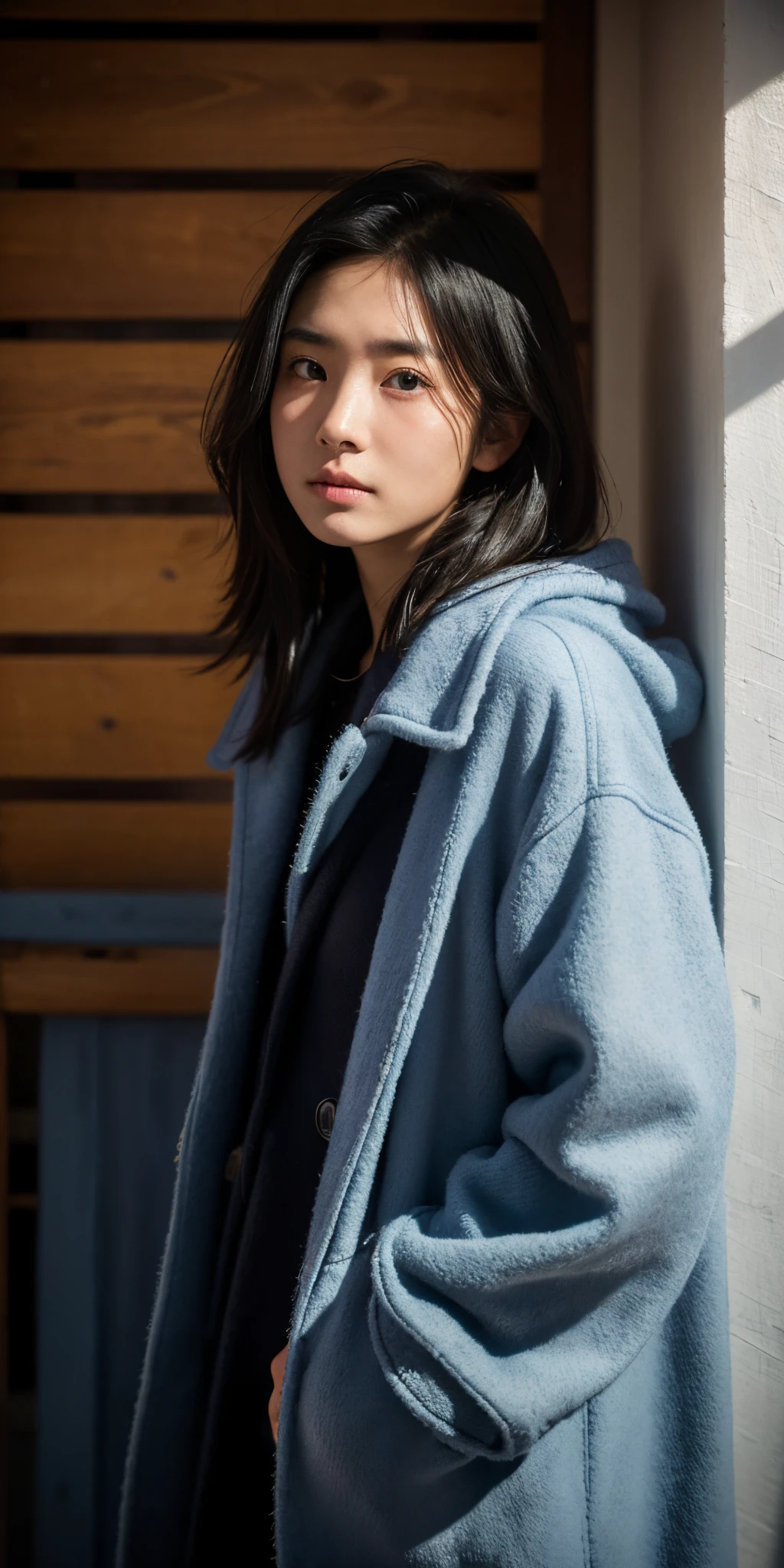 (Steve McCurry style), An young Japanese woman, wrinkled, sad and homeless ((wearing a blue wool coat)), (melancholy), 1woman, solo, straight black hair and hairstyle, very detailed face, beautiful eyes, [chubby], adorable, with bright eyes, sad eyes, bitter, (Rembrandt Lighting), zeiss lens, ultra realistic, (highly detailed skin: 1.2), 8k uhd, dslr, Dramatic Kidney light,  high quality, Fujifilm XT3,