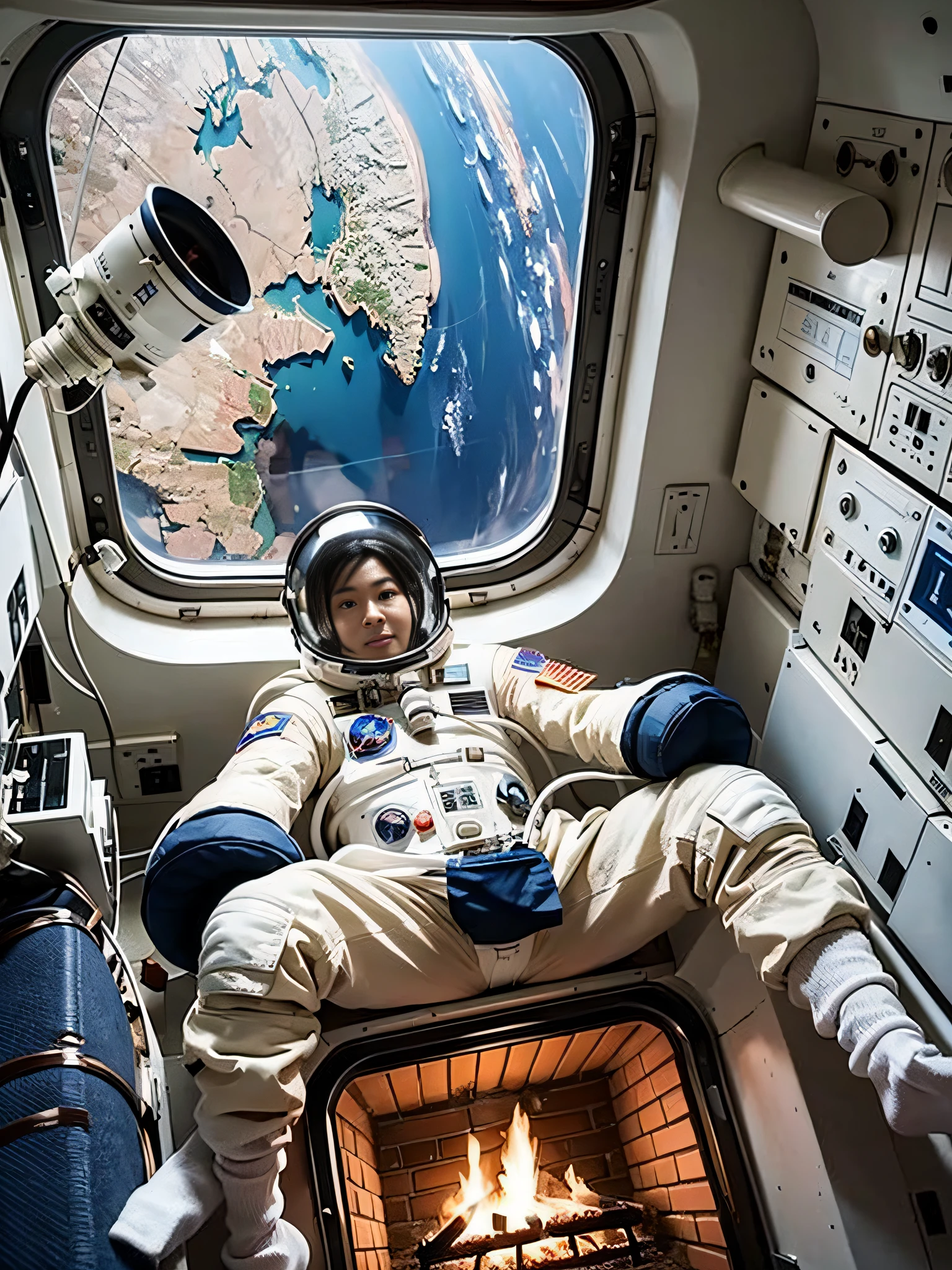 There'Fireplace inside the space station、An astronaut wearing a spacesuit in zero gravity is warming his hands as he looks cold..、