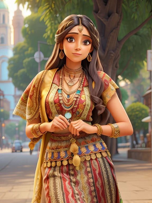 Fotografia profissional mestre, Beautiful woman in bohemian dress and accessories,cabelos longos e pretos, olhos pretos tambem, olhando para frente,  texturas e detalhes extremos, foto de retrato de corpo inteiro, bohemian city landmarks background,