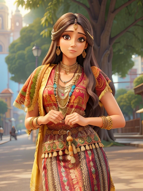 Fotografia profissional mestre, Beautiful woman in bohemian dress and accessories,cabelos longos e pretos, olhos pretos tambem, olhando para frente,  texturas e detalhes extremos, foto de retrato de corpo inteiro, bohemian city landmarks background,