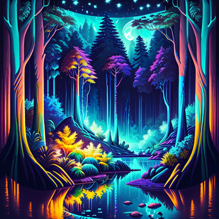 An incredible forest and lake, an incredible valley setting/bosque/lagoa/noite, oil art/digital/neon light, tema (brilho), cores cinza/azul/verde/preto/marrom, bioluminescence at night. surreal, intrincado/intrincada, SDLX/studio, alta qualidade, highes definition, alto detalhe, alta resolução, 8k