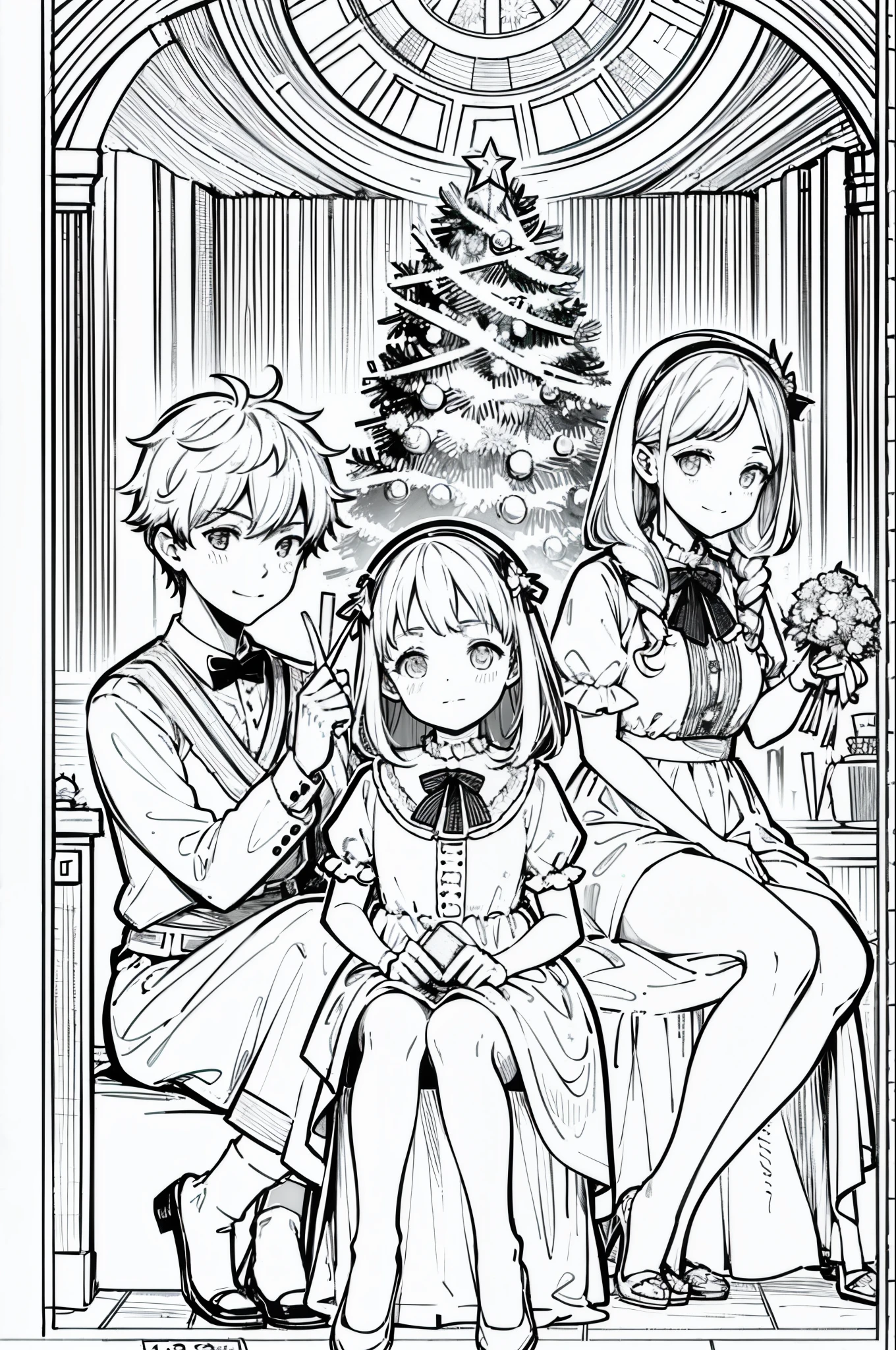 Christmas party, line art, no text, rule of thirds, harmony, fun, sketch, family fun, Fibonacci