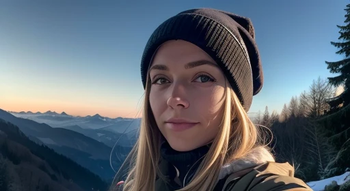 VeronicaChiffre ((upper body selfie, happy)), Masutepiece, of the highest quality, Ultra-Details, nur, al fresco, (Nacht), Berg, Natur, (Stern, Mond) heiter, happy, Handpanzerung, Pullover, hat, Taschenlampen, Wald, Fels, Fluss, Holz, Rauch, Schatten, Kontrastreich, Kristallklarer Himmel, Analoger Stil (Viewer ansehen:1.2) (Hautstruktur) (Filmkorn: 1.3), (warm shades, warm tones): 1.2), nahaufnahme, Filmisches Licht, Standlichter, ultra high resolution, Bester Schatten, .RAW, Pullover tragen, Kodak Vision 3,