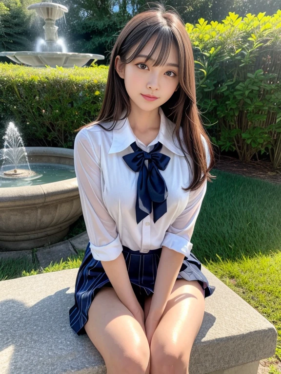 8K,Best Quality, masutepiece, ultra-detailliert, 超A high resolution, Photorealistic, Raw photo, absurderes, absolutely resolution, 1girl in, Solo, Looking at Viewer,a Japanese young pretty girl,hyper cute face, Glamorous figure, Huge breasts, Long bob hair ,Smile,(School uniform:1.3),(She is sitting on a bench in a park with a fountain, legs slightly spread, White panties showing) ,Glossy lips, Double eyelids in both eyes, Natural makeup, Glossy smooth light brown long bob hair, asymmetrical bangs, Shiny skin, central image, High resolution, high detailing, detailed hairstyle, Detailed face, spectacular movie lighting, Octane Rendering, Vibrant, Hyper realistic, Perfect limbs, Perfect Anatomy