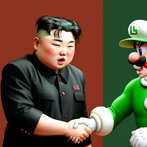 Luigi shaking hands with Kim Jong Un, realistic
