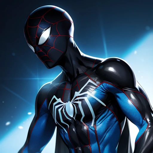 black and blue spiderman suit, glowing blue