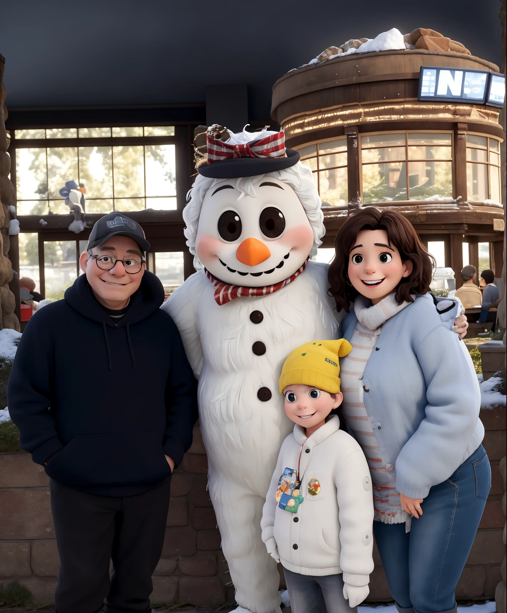 There are two people and a girl standing next to a big snowman, Desde Wheaton Illinois, foto de familia, solo nieve en el fondo, foto de perfil, por Bernie D'Andrea, Helado, Marido, Esposa e Hijo, por Kristin Nelson, album photo, por Heather Hudson, por Drew Tucker, Foto de vacaciones, especial, by Tom Wänerstrand