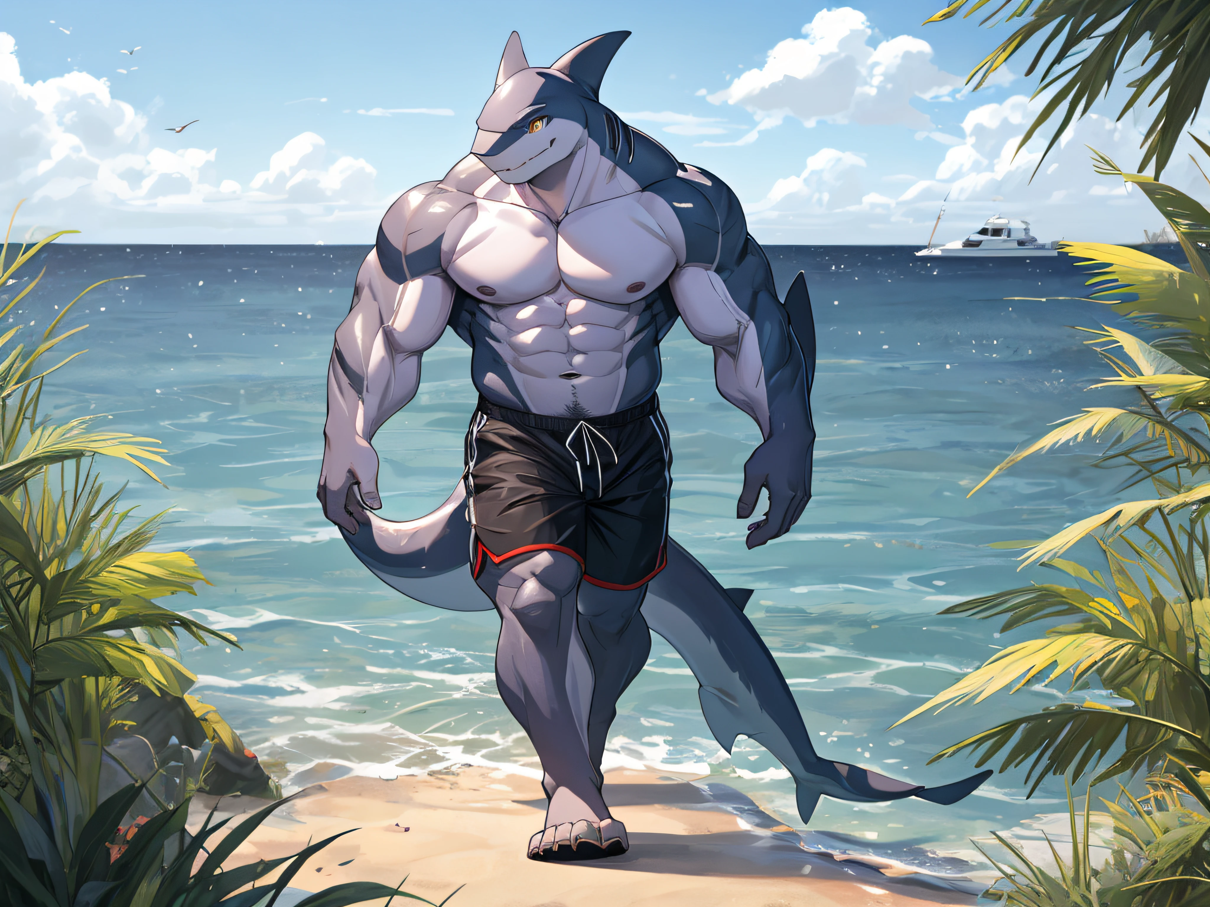 furry , bara ,male shark,Light purple skin,Dark yellow eyes,Body wounds.,No shirt..,muscular,Wear black swimming trunks,The crotch of the pants clearly bulges out..,Walking up from the sea