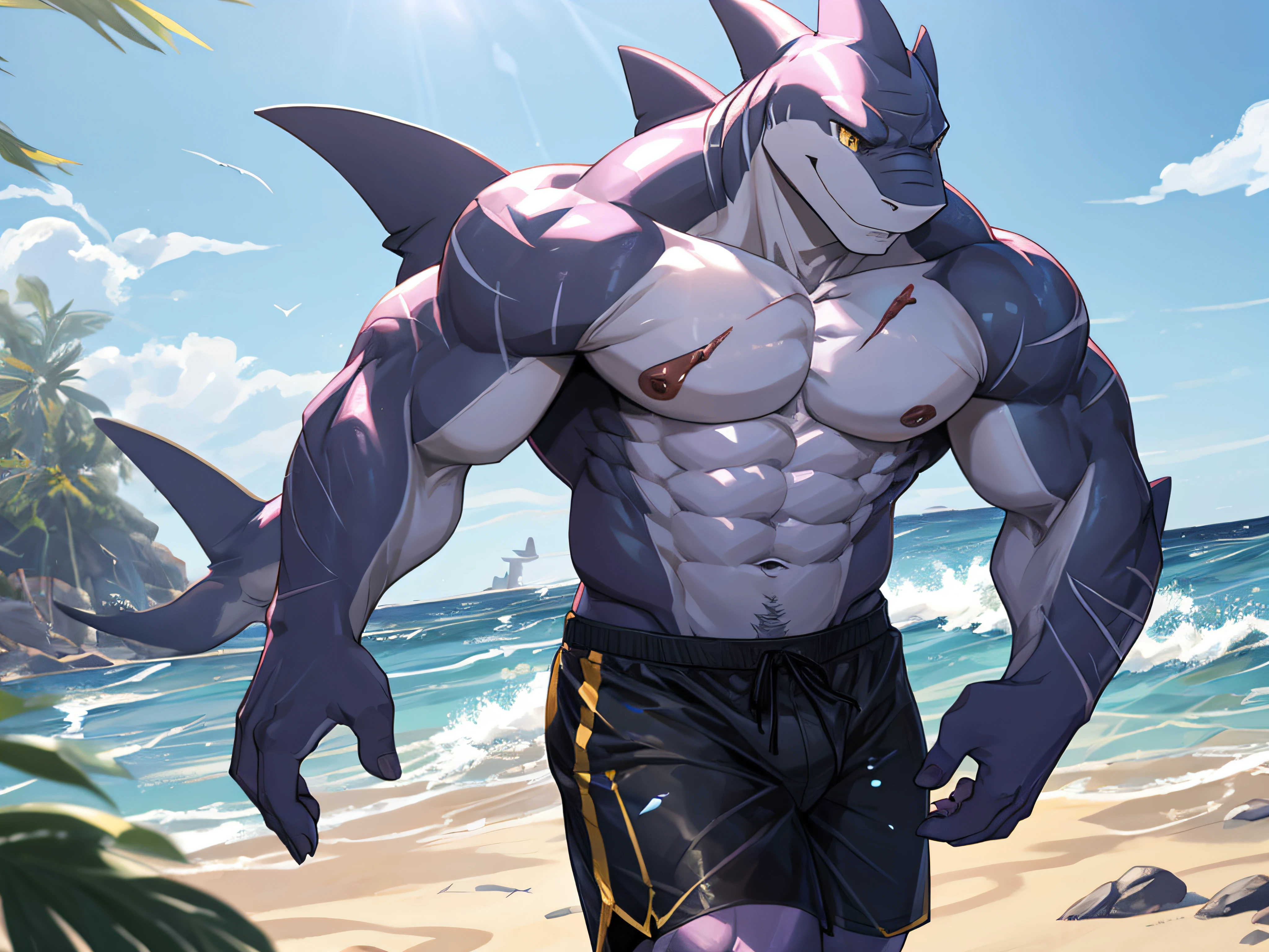 furry , bara ,male shark,Light purple skin,Dark yellow eyes,Body wounds.,No shirt..,muscular,Wear black swimming trunks,The crotch of the pants clearly bulges out..,Walking up from the sea
