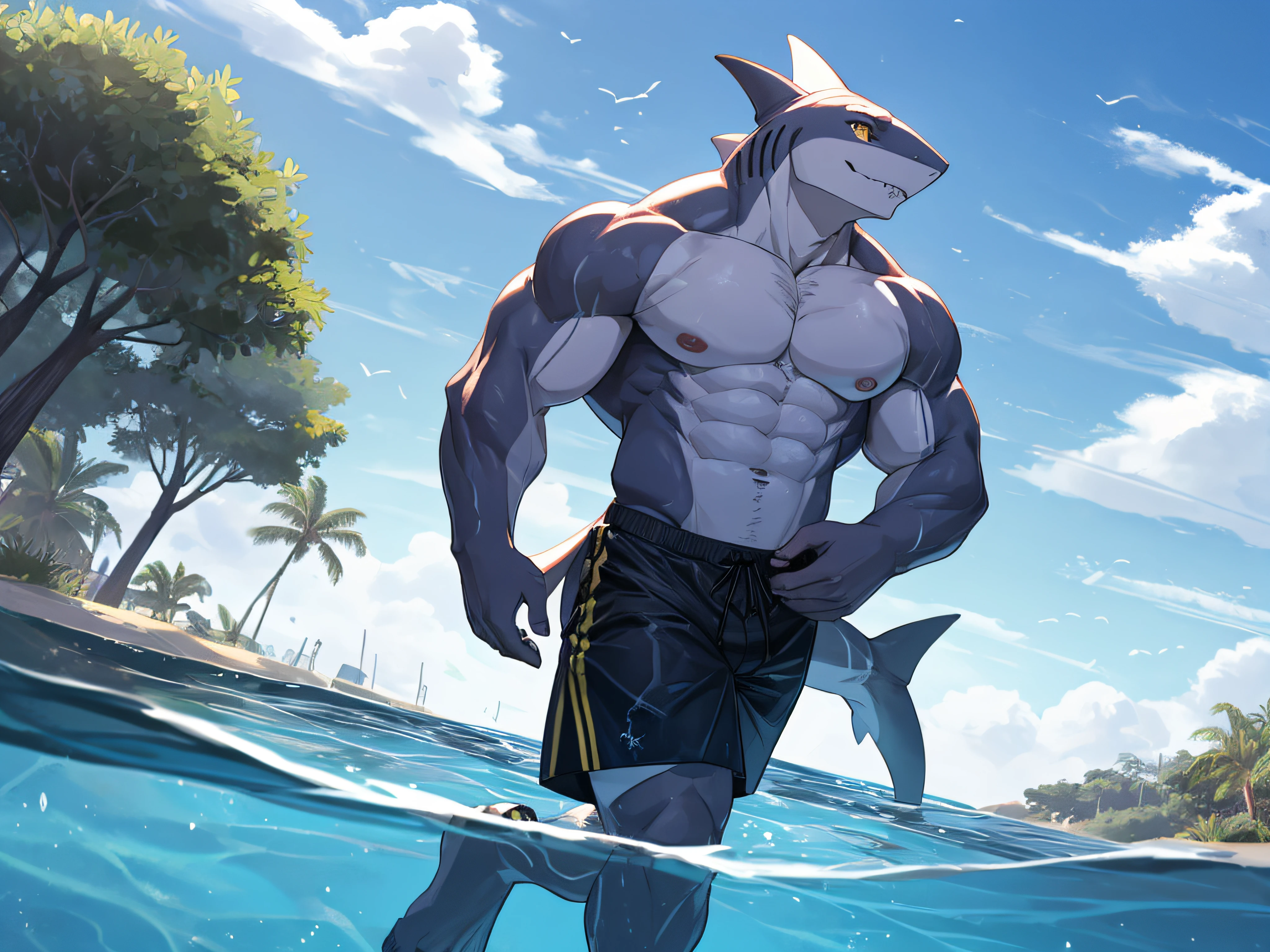 furry , bara ,male shark,Light purple skin,Dark yellow eyes,Body wounds.,No shirt..,muscular,Wear black swimming trunks,The crotch of the pants clearly bulges out..,Walking up from the sea