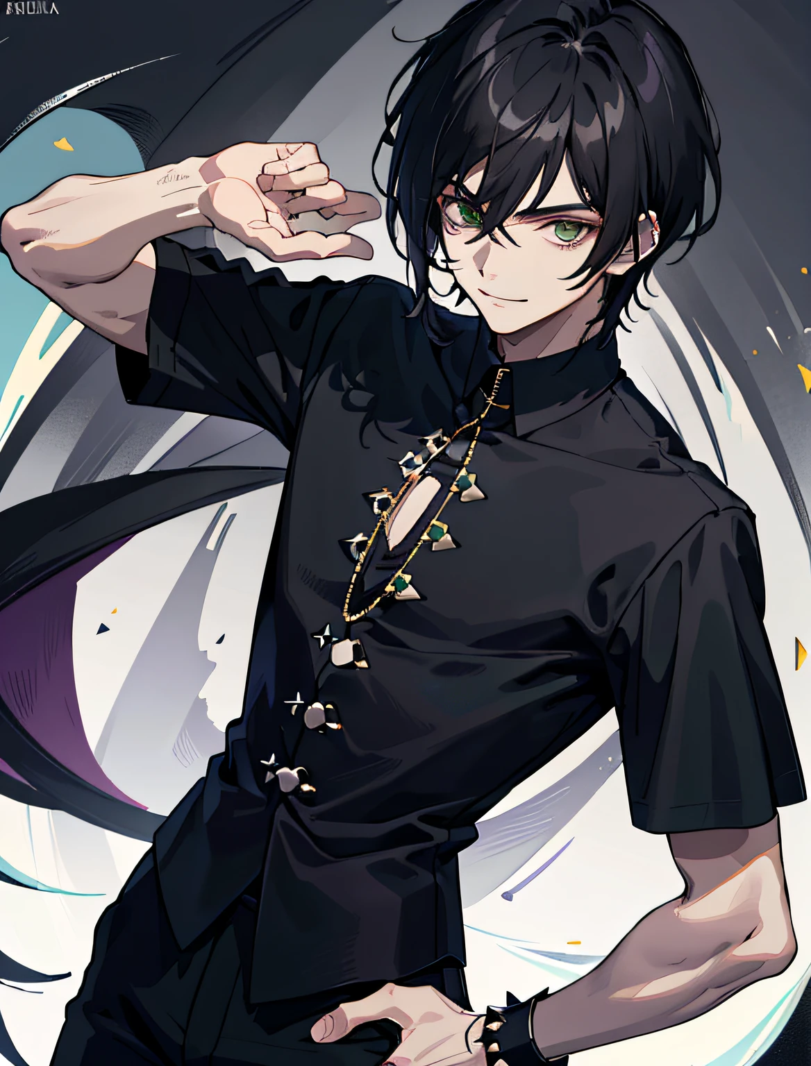 ((melhor qualidade)), ((master part)), (()), , BOY , and spiky obsidian black hair, olhos VERDES esmeralda, terno preto,, camisa preta arroxeada, purplish black social pants, sorriso malicioso