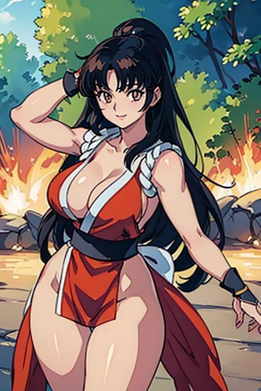 (best quality,ultra-detailed,realistic:1.37) Kagome Higurashi, mai shiranui from the king of fighters, beautiful detailed eyes,beautiful detailed lips,smiling with happiness, 25yo, Japanese mature female, wearing a green short kimono, matured face, blushing, joyful expression, dynamic pose, big breast, big hips, full body view, big body, thick, (Curvy:1.35), ((Master piece)), best quality, perfect bodies,beautiful detailed eyes, extremely detailed face, perfect lighting, long black hair, golden eyes,