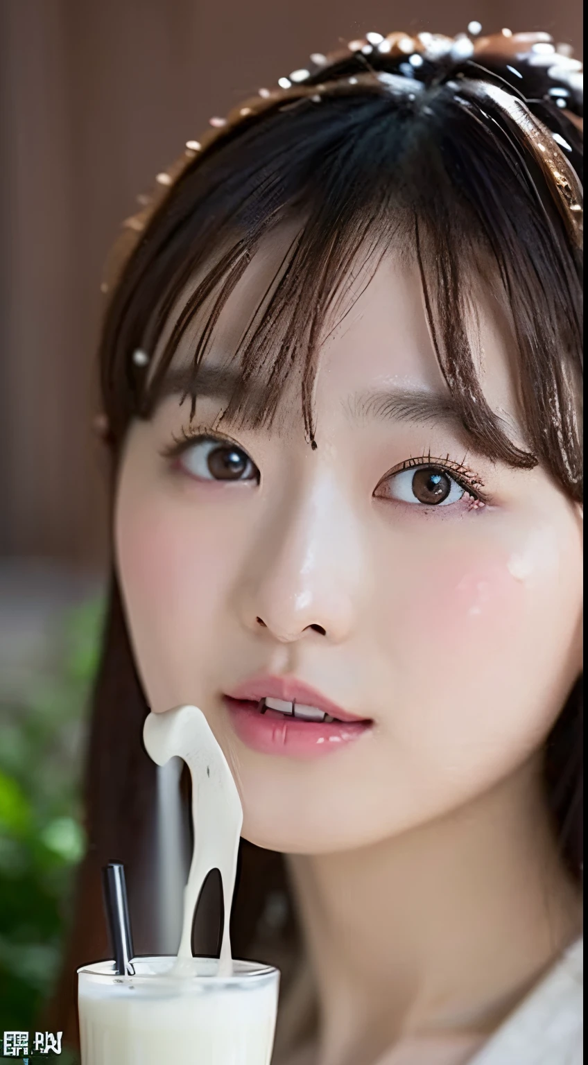 (chiayi:1.5), proximity, masterpiece, top-quality, Raw foto, 12year old,Photorealsitic, faces, unbelievable Ridiculous, beautiful a girl, cute little, shorth hair, depth of fields, hight resolution, ultra-detailliert, fine detailed, ighly detailed, extremely detailed eye and face, Sharp pupils, Realistic pupils, foco nítido, Cinematics、Overexposed、Pained look、Beautiful skin、((Soaking your face with splattering milk))、((Open your mouth to accept milk from the hose))