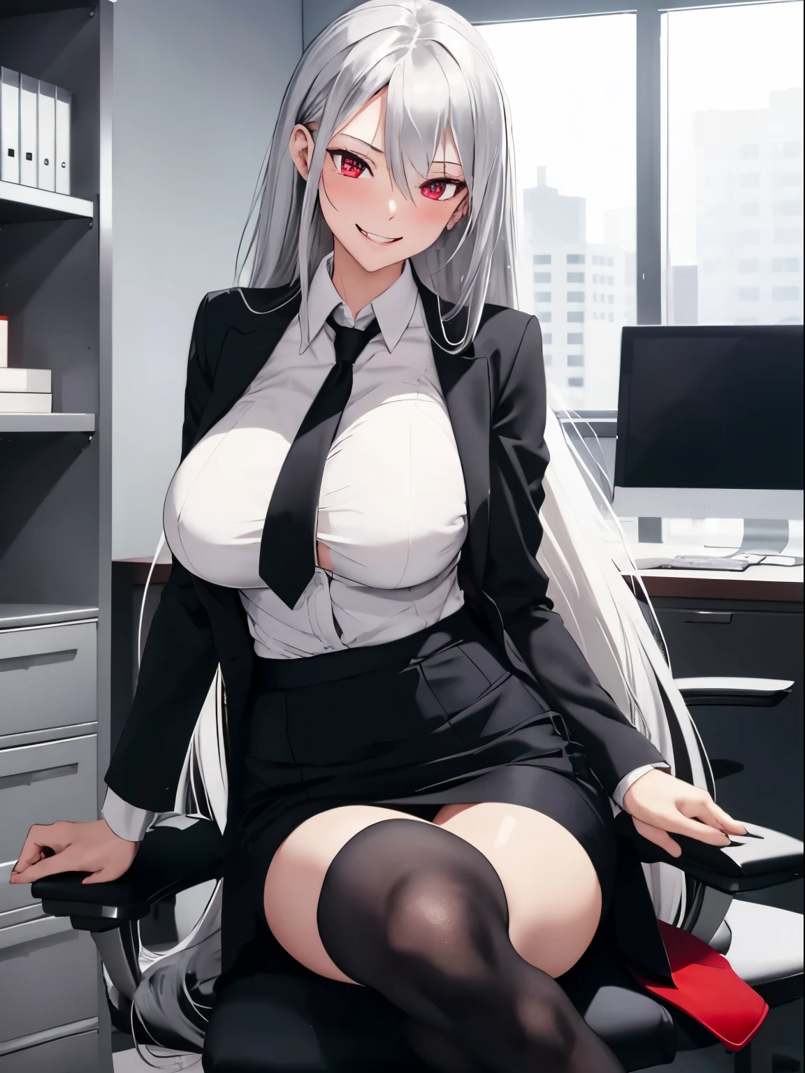 1girl, red eyes, silver long hair, massive breasts, office, horny smile, office suit, black heels, black skirt, black long tights, White shirt, sexy thighs, sexy legs, sweat on face, blush, sitting on an office chair, hands on waist