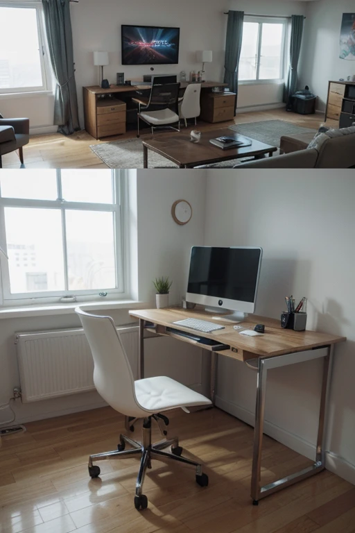 There is a computer desk with a monitor and a chair in front of the window., Futuristic room backgrounds, Apartment Retro Futuristic, Room of the Future (Futuristic Room), Futuristic interiors, desktop, future. CG Games, futuristic decoration, photograph of 3d ios room, CG Society 9, Spectacular 3D rendering, Stunning 3D rendering, Beautiful 3D rendering, The Cyberpunk Apartment