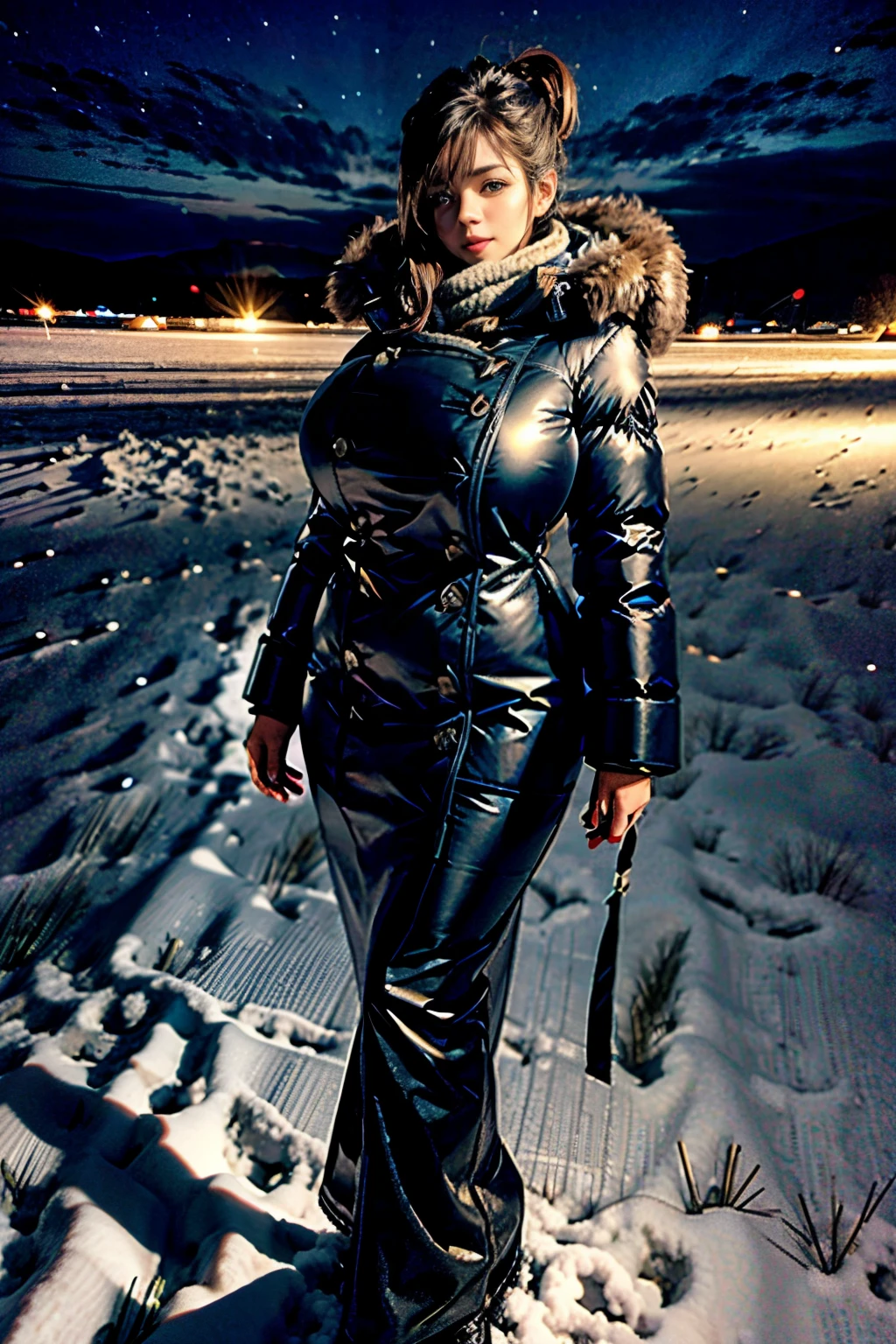 Beautiful busty in a down coat, photogenic pose, dark snowy night field, full body shot, giga-busty --ar 2:3
