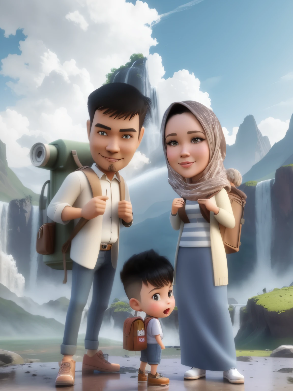 cartoon of a man and woman with a child standing in front of a waterfall, potrait, cartoon digital painting, digital cartoon painting art, digital art cartoon, cartoon digital art, 3 d cartoon, realistic cartoon, happy family, by Abidin Dino, in cartoon style, an indonesian family portrait, full protrait, photo 3 d, photo 3d, cartoon art