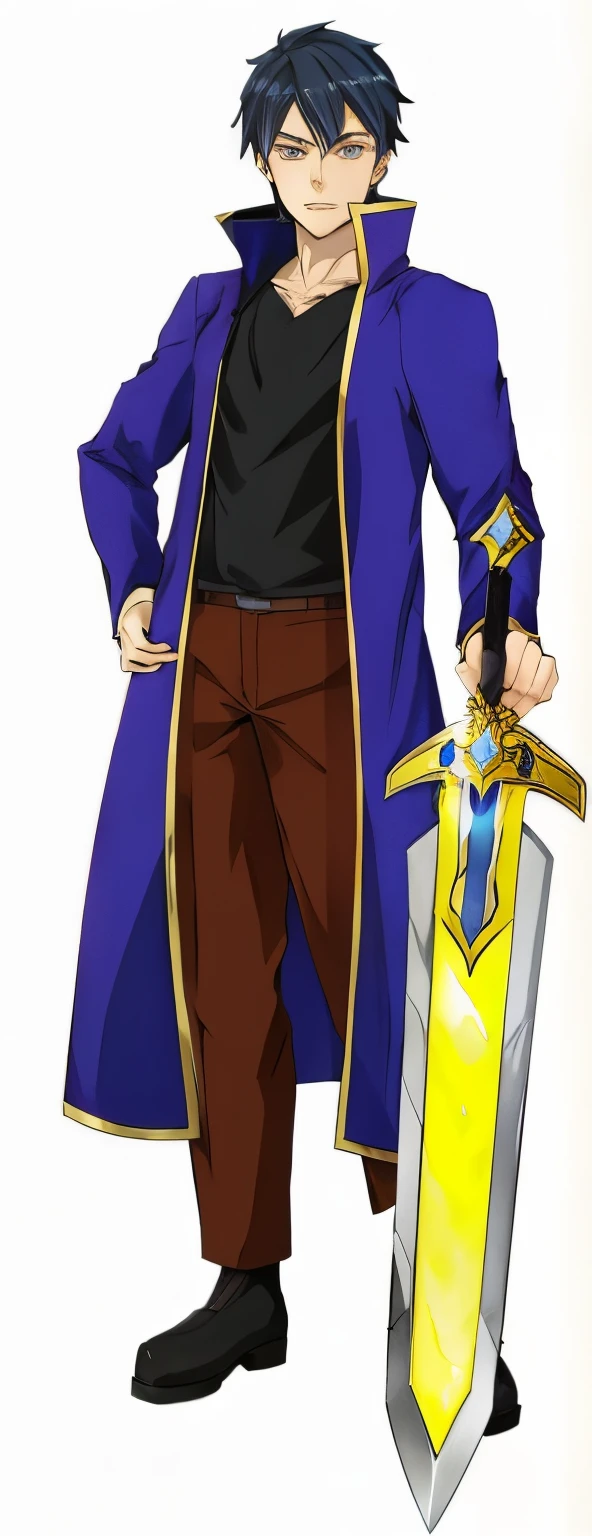 Anime man in a blue coat holding a sword, full portrait of electromancer, tall anime guy with blue eyes,a paladin, varguyart style, fullbody rpg portrait, rpg portrait full body, full portrait of elementalist, official art,