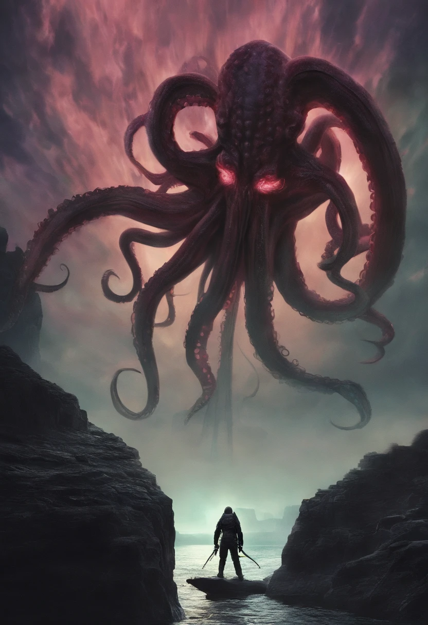 Giant octopus monster，Cthulhu in the Cthulhu Mythos，University teacher&#39;Looking directly at，extremely dangerous，The huge body is shocking，spread throughout the sky，The horror of despair，The atmosphere is oppressive，The scene is very spectacular，Hero holding sword，Fight back bravely,True colors