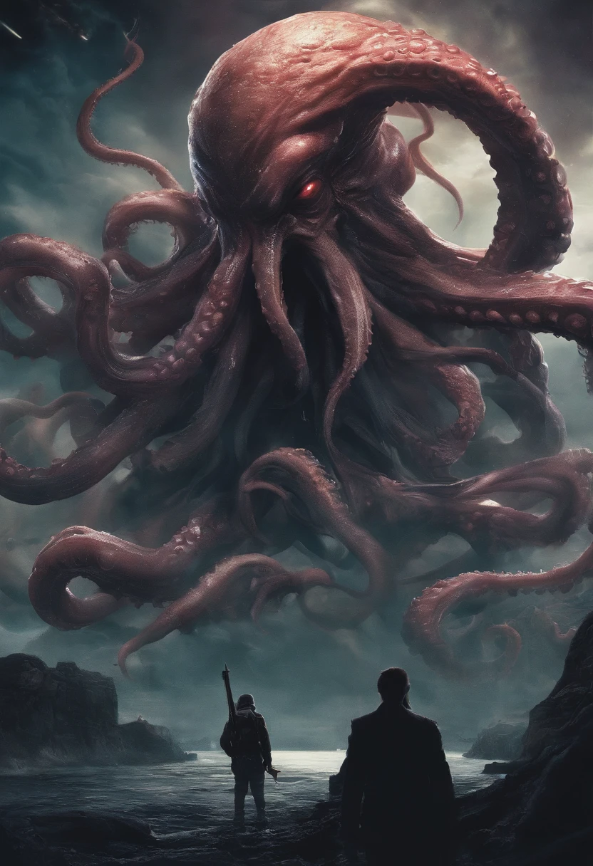 Giant octopus monster，Cthulhu in the Cthulhu Mythos，University teacher&#39;Looking directly at，extremely dangerous，The huge body is shocking，spread throughout the sky，The horror of despair，The atmosphere is oppressive，The scene is very spectacular，Hero holding sword，Fight back bravely,True colors