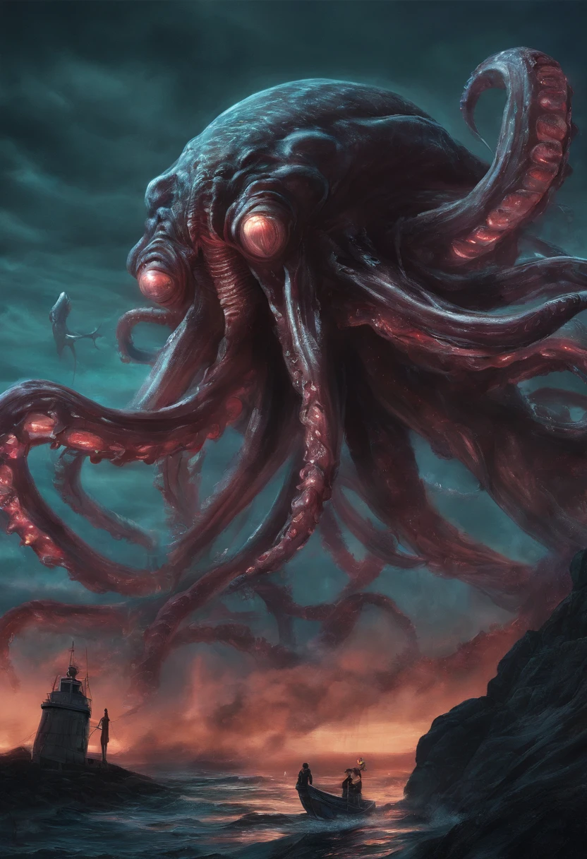 Giant octopus monster,Cthulhu in the Cthulhu Mythos,University teacher'Looking directly at,extremely dangerous,The huge body is shocking,spread throughout the sky,The horror of despair,The atmosphere is oppressive,The scene is very spectacular,Hero holding sword,Fight back bravely,True colors