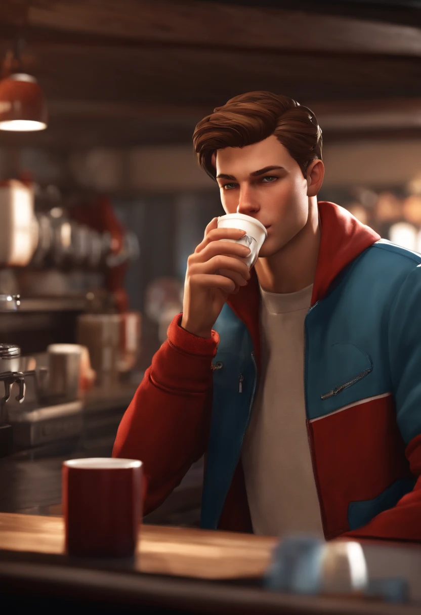 A photo of Nathan aggressively sipping a latte and glaring at the barista,Life is Strange video game series,Nathan is a boy with blue eyes, slicked back light brown hair, light freckles, wears a red letterman jacket, mean expression, male