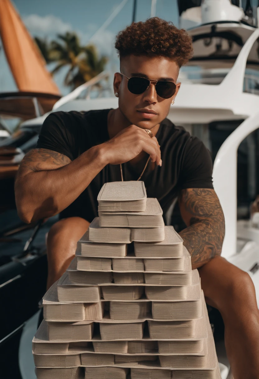 The image is of the character posing with a stack of NFTs in a luxury yacht in Miami.,original,25 years old, has shaved sides but curly hair on top. Lives in Miami. Drives a g wagon, , male