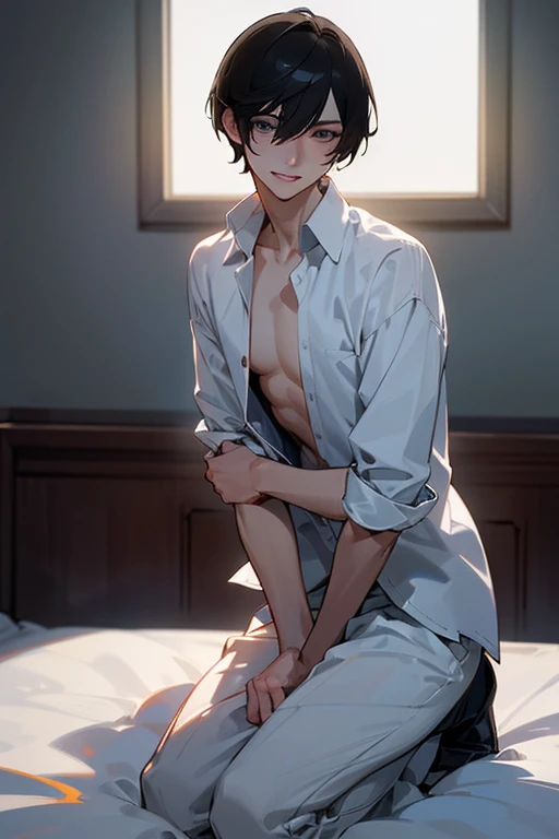 masterpiece, best quality, ultra detailed, solo man, male focus, ((Oblong face)), ((Square jawline)), black hair, ((hairs between eyes)), shoulder length, ((narrow blue eye)), shirt, fair skin, skinny body, beauty mark, nsfw, wet skin, bed, lying