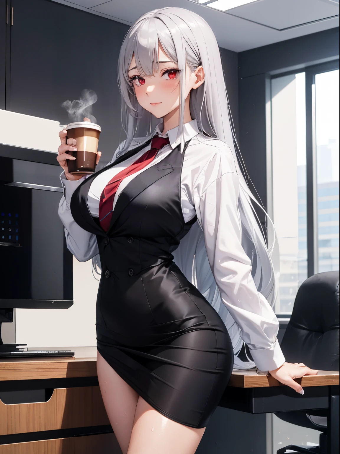 1girl, red eyes, silver long hair, massive breasts, office, office suit, black heels, black skirt, black long tights, White shirt, sexy thighs, sexy legs, sweat on face, blush, pours himself coffee from a coffee machine in the office