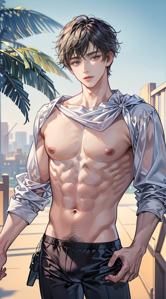 (masterpiece best quality 8k ultra-detailed:1.5) ultra realistic, solo standing male, muscular handsome (((perfect face,perfect eyes))) (topless) (short hair), anime style, illustration, (''underwear, big bulge''), realistic shade, sharp, detailed beautiful face and eyes, perfect beautiful body, perfect hands, (dynamic pose), shiny skin