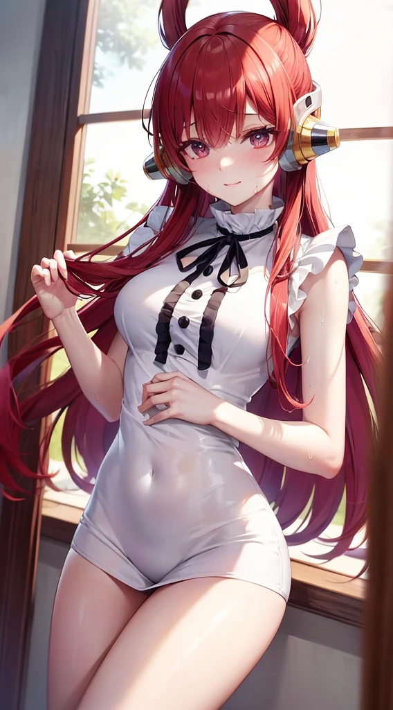 masutepiece、Best Quality、hight resolution、white dres、a black ribbon(Vibrant colors：1.2)、(​masterpiece：2.0)、onepiece、Uta、blanche、left red hair、right gray hair、Not wearing pants、divine spirit、Flushed cheeks、Beautiful girl in every detail、Body shining with sweat、Wet、Seductive thighs、sexy  pose、