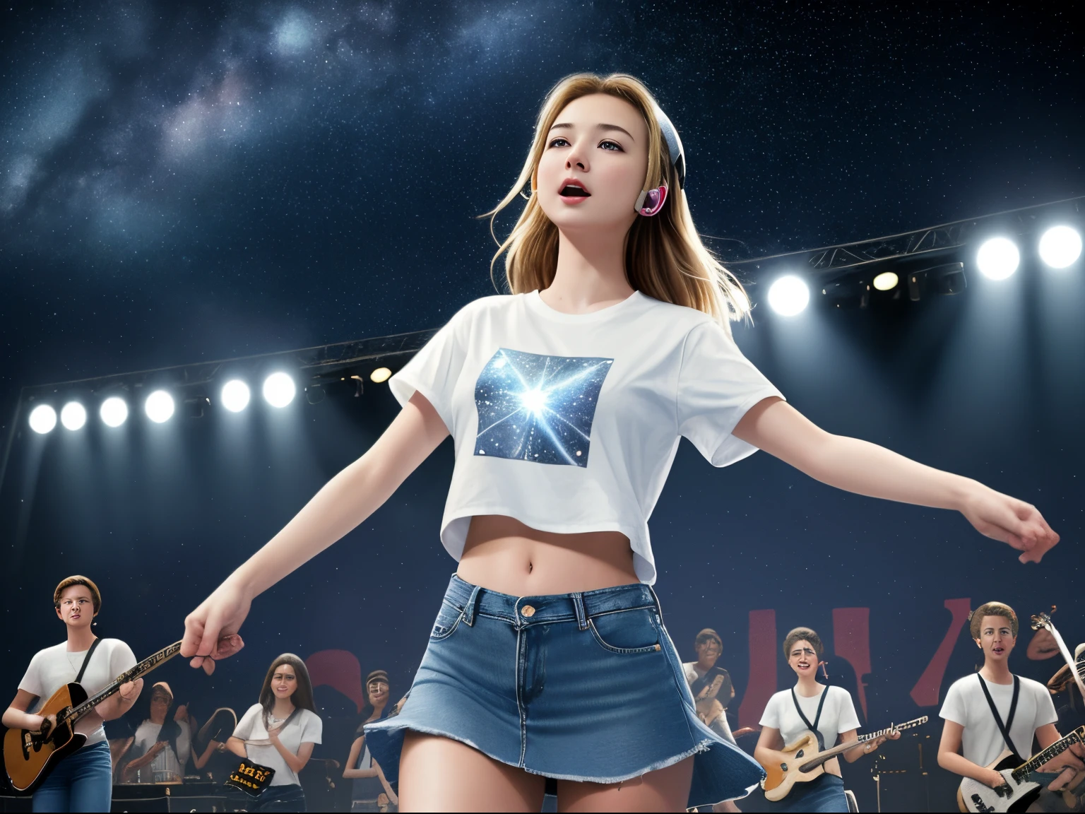 top quality 32k raw photo of 18-year-old Emily VanCamp wearing white T shirt and jeans skirt and headphone. navel look. she is on the stage dancing. night. starry sky.