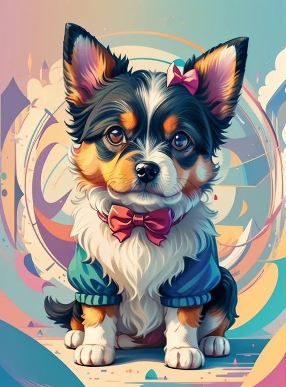 (dog with a bow on its head), Munchkin ,Geometric multidimensional wall portrait, livro de arte, Tchibi,
Yang08k, Beautiful, colorido,
Obras, of the highest quality, best quality, arte oficial, Beautiful and Aesthetic,