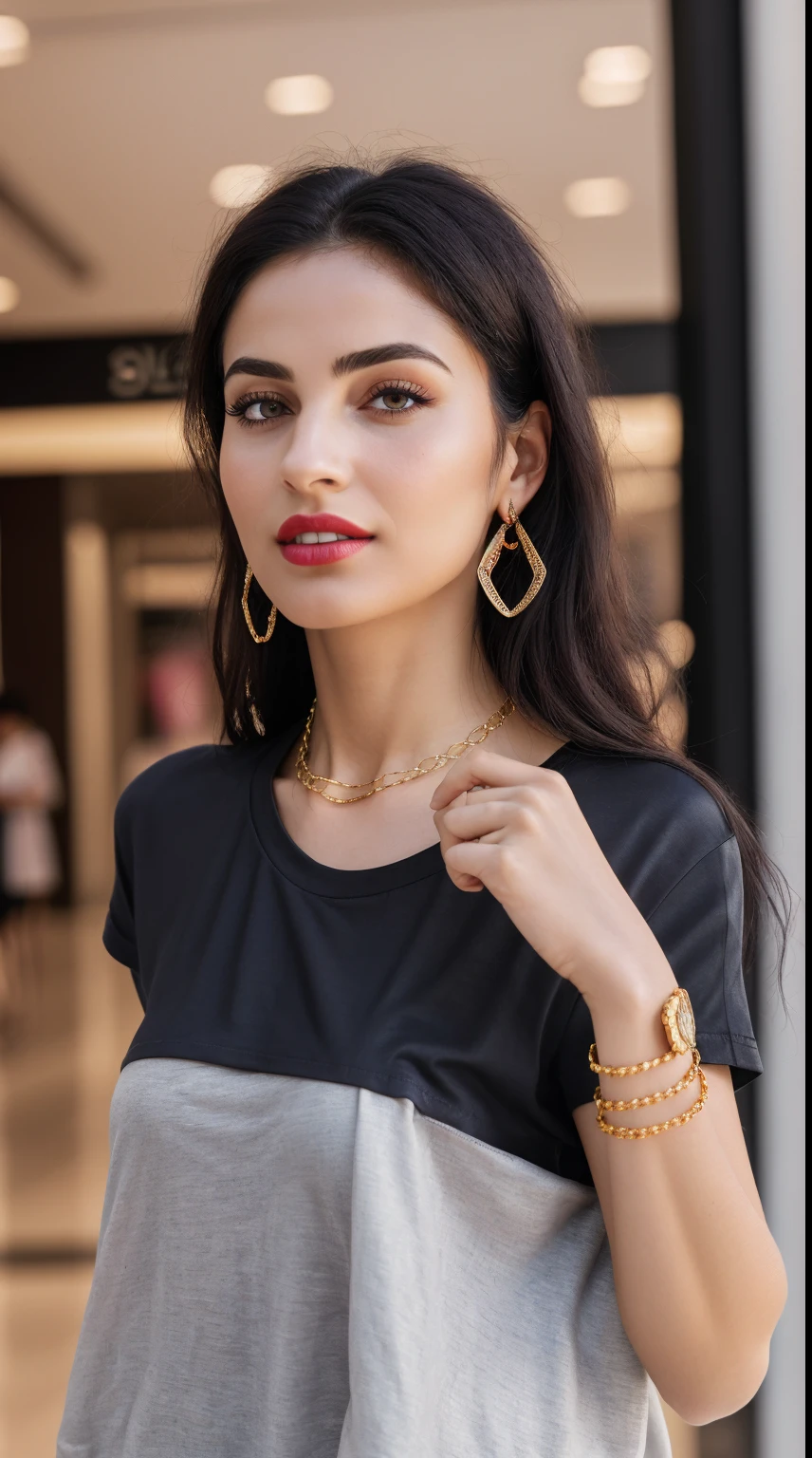 (RAW photo, realism: 1.8), (dark lip gloss, light red lipstick, many eyelashes, black eye shadow, shy, blushing, high quality, high resolution, depth of field, chromatic aberration, caustic, wide light, natural colors, 25 year old woman), thin gold chain, small earrings, gold bracelets, wear many accessories, large breasts, style A good woman,
((Best Quality, 8k, Masterpiece:1.3)), Focus: 1.2, Perfect Body Beauty: 1.4, Arabian 25 years old woman: 1.2, ((Bob cut curly Hairs)), (steel gray baggy basic tee-shirt:1.1), Steel gray basic full body length tee-shirt, grey skinny damage jeans, long jeans: 1.1, Highly detailed face and skin texture, Detailed eyes, Double eyelids, toned body, Whitened skin, smile, large breasts, toned legs, beautiful detailed feets, long heel's, detailed feets and fingers, perfect feet's, toned legs, whitened skin, detailed sharp eyes and face, middle eastern woman, steel gray baggy basic tee-shirt, simple plain Baggy Tee-shirt, toned hips, 8K UHD, thin gold chain in neck, model looks, standing at carrying brown leather hand bag, rainy weather, wearing wrist watch, bracelet, bangle's open legs style Posing, rainy day, rainy atmosphere, night life, roads and traffic, standing at street side, traffic rush, buses